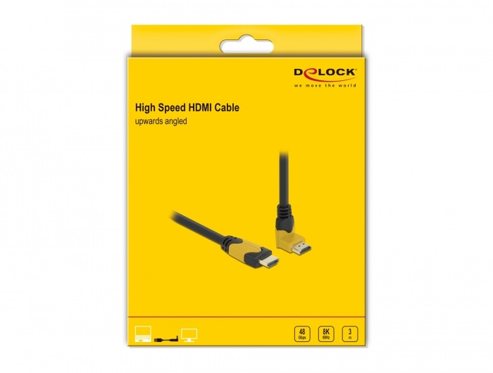 Delock 86990 3m High Speed HDMI 48Gbps apa egyenes - apa 90°-ban felfelé hajlított kábel