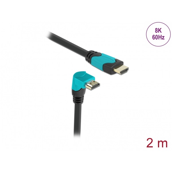 Delock 86992 2m High Speed HDMI 48Gbps apa egyenes - apa 90°-ban lefelé hajlított kábel
