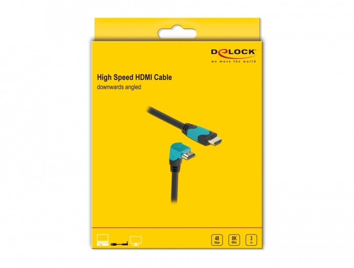 Delock 86993 3m High Speed HDMI 48Gbps apa egyenes - apa 90°-ban lefelé hajlított kábel