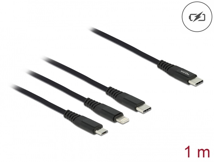 Delock 87149 1m 3 az 1-ben USB-C - Lightning/MicroUSB/USB-C töltő kábel