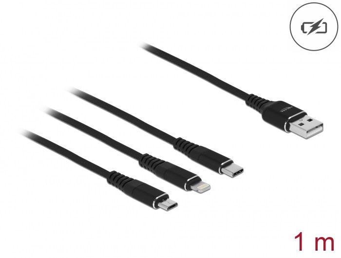 Delock 87155 1m 3 az 1-ben USB-A - Lightning/MicroUSB/USB-C töltő kábel
