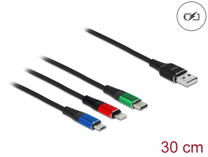 Delock 87236 30cm 3 az 1-ben USB-A - Lightning/MicroUSB/USB-C töltő kábel