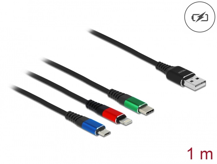 Delock 87277 1m 3 az 1-ben USB-A - Lightning/MicroUSB/USB-C töltő kábel