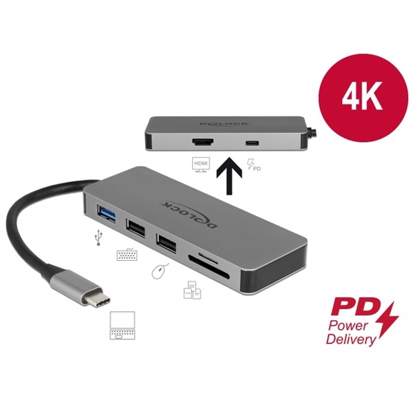 Delock 87743 USB Type-C 4K - HDMI / Hub / SD / PD 2.0 mobil eszközökhöz dokkoló állomás