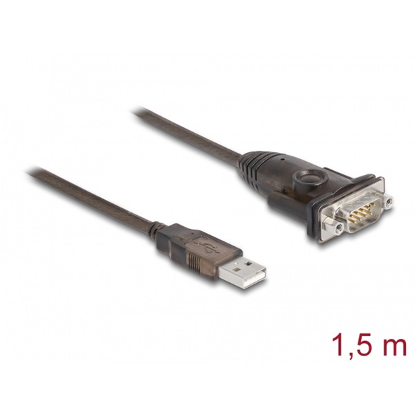 Delock 62645 Adapter A-típusú USB 2.0 - 1 x soros RS-232 D-Sub 9 tűs apa anyacsavarokkal 1,5 m