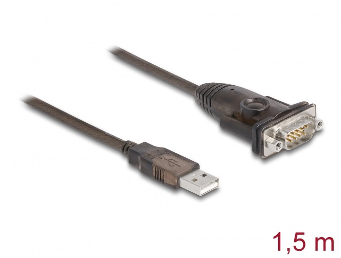 Delock 62645 Adapter A-típusú USB 2.0 - 1 x soros RS-232 D-Sub 9 tűs apa anyacsavarokkal 1,5 m
