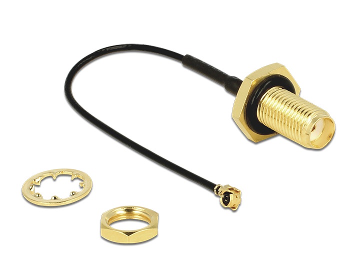 Delock 88965 Antenna kábel SMA jack válaszfal > MHF/U.FL-LP-068 kompatibilis dugó 100 mm fröccsenésbiztos