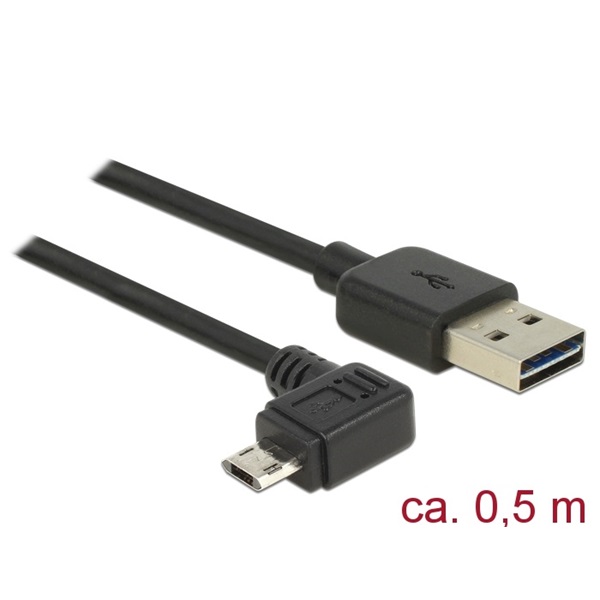 Delock 83847 Kábel, EASY-USB 2.0-s A csatlakozó > EASY-USB 2.0-s Micro-B csatlakozó ívelt bal / jobb, 0,5m