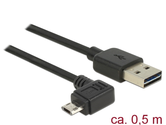 Delock 83847 Kábel, EASY-USB 2.0-s A csatlakozó > EASY-USB 2.0-s Micro-B csatlakozó ívelt bal / jobb, 0,5m