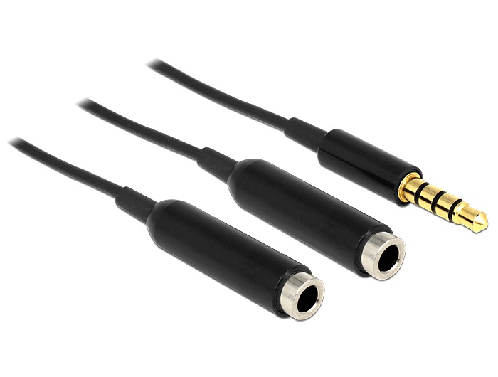 Delock 65575 Kábel sztereó dugó 3,5 mm 4 érintkező > 2 x sztereó aljzat 3,5 mm 4 érintkező 25 cm, fekete