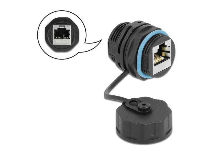 Delock 86695 Kábelcsatlakozó, RJ45 aljzat - RJ45 aljzat, Cat.6A, vízálló védősapkával