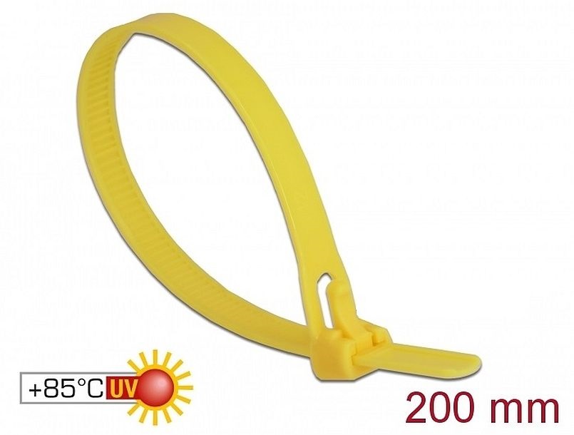Delock 18759 Kábelösszeköto újrahasznosítható hoálló hossza 200 mm, szélessége 7,5 mm, 100 db. sárga