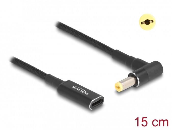 Delock 60038 Laptop töltőkábel adapterkábel USB Type-C anya - Acer 5,5 x 1,7 mm apa 90 fokban hajlított 15 cm