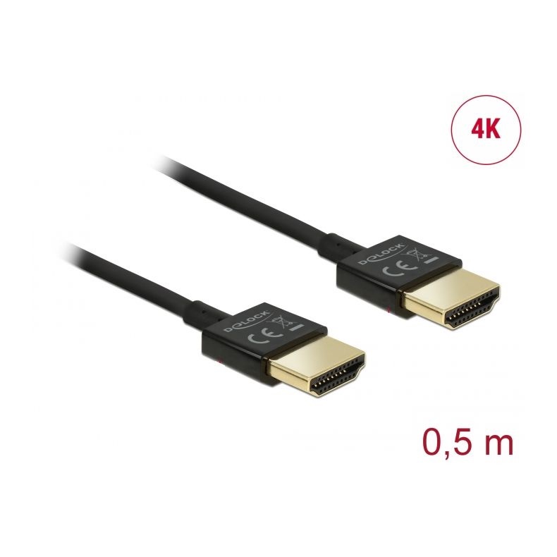 Delock 84786 Nagysebességű HDMI-kábel Ethernettel - HDMI-A > HDMI-A, 3D, 4K, 0,5 m, vékony, prémium