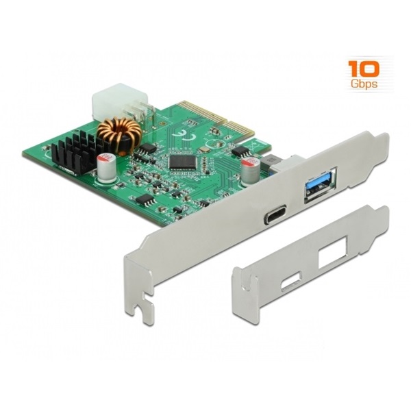 Delock 89001 PCI Express x4 kártya 1 db külső C -típusú USB aljzathoz, PD funkcióval + 1 db külső A-típusú