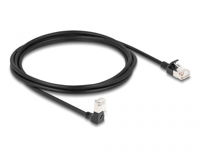 Delock 80306 RJ45 hálózati kábel Cat.6A S/FTP vékony 90  fokban lefelé hajló / egyenes 2 m fekete