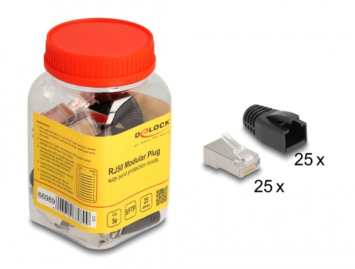 Delock 66989 RJ50 Moduláris apa csatlakozó Cat.5e hajlításvédő védőburkolattal 25 db-os szett