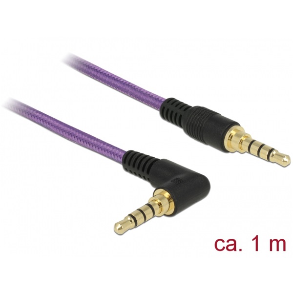 Delock 85611 Sztereó Jack Kábel 3,5 mm 4 tus férfi > férfi szögben hajlított 1m lila