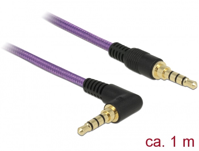 Delock 85611 Sztereó Jack Kábel 3,5 mm 4 tus férfi > férfi szögben hajlított 1m lila