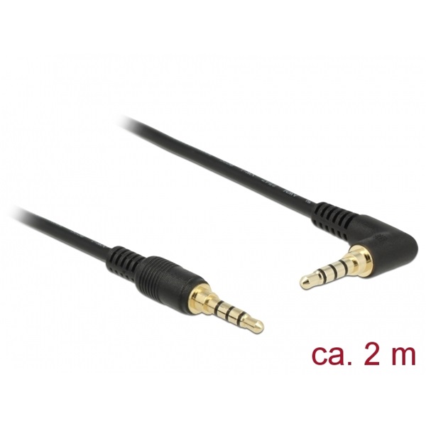 Delock 85613 Sztereó Jack Kábel 3,5 mm 4 tűs férfi > férfi szögben hajlított 2m fekete