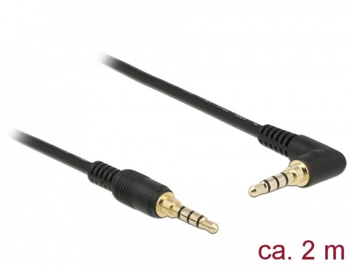 Delock 85613 Sztereó Jack Kábel 3,5 mm 4 tűs férfi > férfi szögben hajlított 2m fekete
