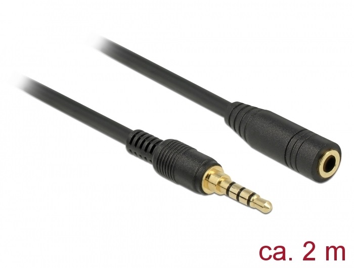 Delock 85631 Sztereó jack hosszabbító kábel 3,5 mm 4-tűs apa > anya 2 m hosszú fekete