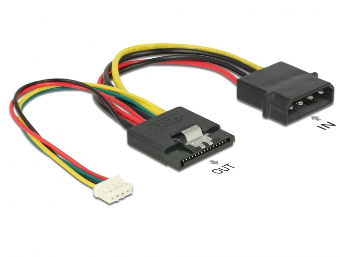 Delock 85673 Tápkábel, 15 tűs SATA-csatlakozóhüvely > 4 tűs Molex-csatlakozódugó + 4 tűs tápcsatlakozó