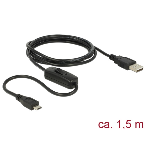 Delock 84803 Töltő kábel USB 2.0 Type-A apa > USB 2.0 Micro-B apa kapcsolóval, Raspberry Pi 1.5 m