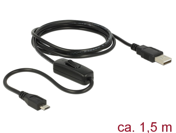 Delock 84803 Töltő kábel USB 2.0 Type-A apa > USB 2.0 Micro-B apa kapcsolóval, Raspberry Pi 1.5 m
