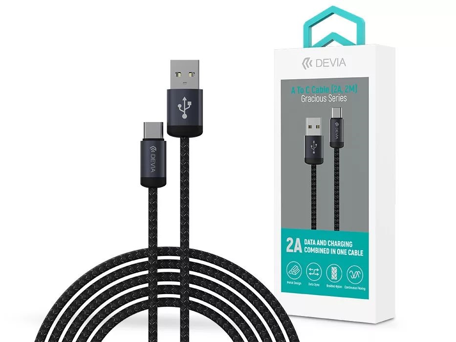 Devia ST108028 Gracious Series v2 10W USB/USB C 2m fekete adat-és töltőkábel