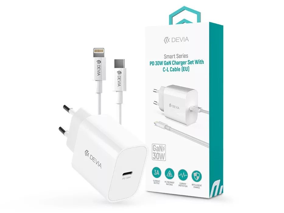 Devia ST109568 Smart Series 30W GaN PD+QC fehér hálózati gyorstöltő adapter + Type-C/Lightning kábel