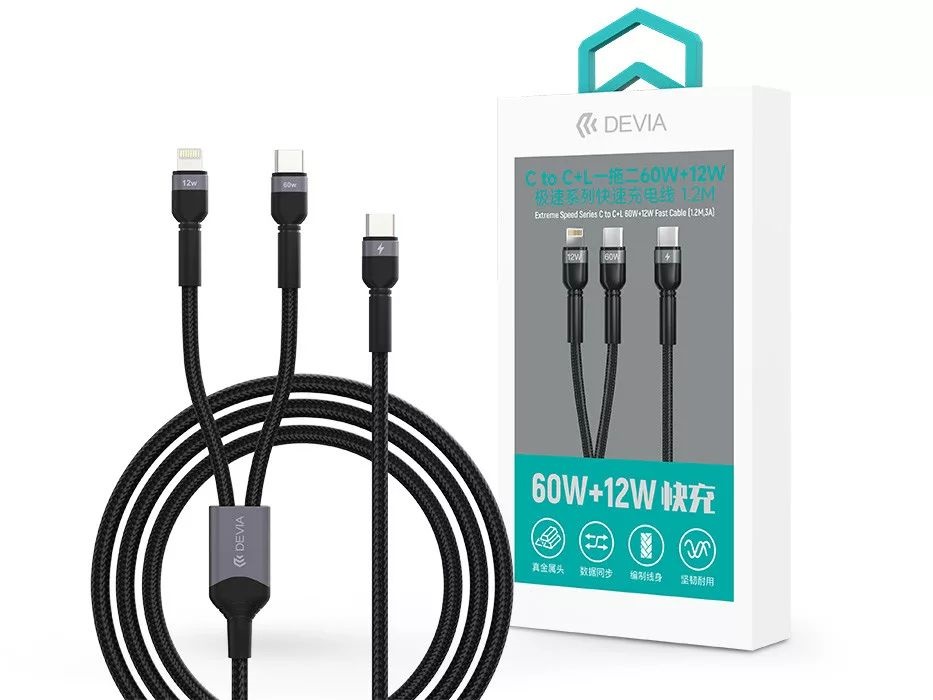 Devia ST111653 Extreme Speed Series 1,2m 60W+12W Type-C/Type-C + Lightning fekete adat és töltőkábel