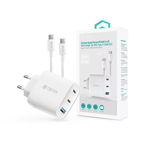 Devia ST111967 Extreme Speed Series 65W GaN PD fehér hálózati gyorstöltő adapter + USB-C+USB-C kábel