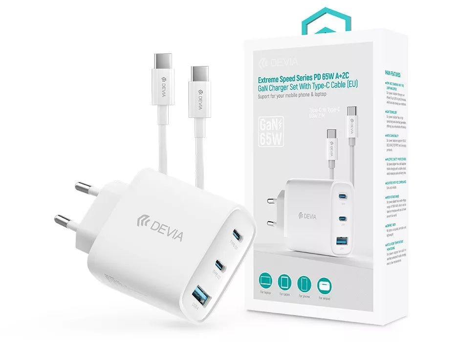 Devia ST111967 Extreme Speed Series 65W GaN PD fehér hálózati gyorstöltő adapter + USB-C+USB-C kábel