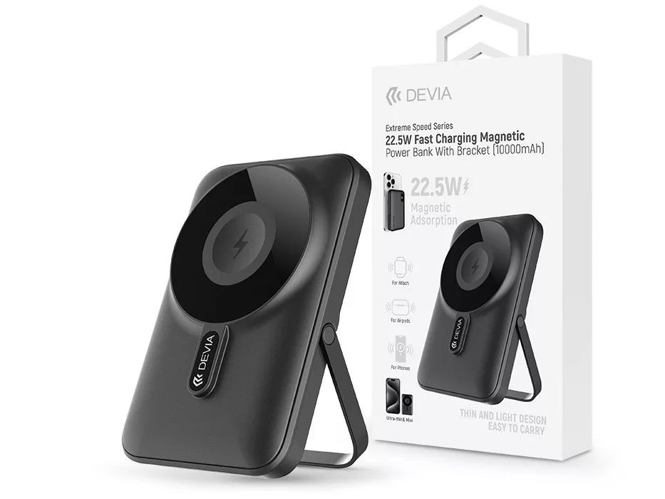 Devia ST112162 Extreme Speed Magnetic PD 22.5W Lightning/Type-C 10.000 mAh szürke powerbank/állvány