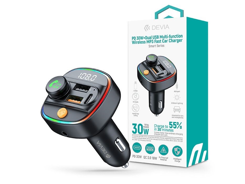 Devia ST112513 Smart Series autós gyorstöltő 30W PD+QC 2xUSB/AUX/MP3 fekete Bluetooth FM-transmitter