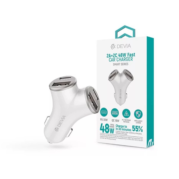 Devia ST112537 Smart Series 48W PD+QC 2xUSB+2xType-C ezüst autós gyorstöltő