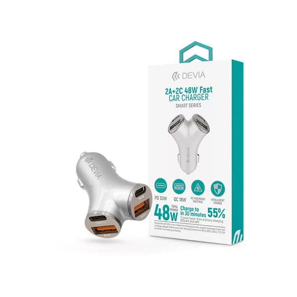 Devia ST112537 Smart Series 48W PD+QC 2xUSB+2xType-C ezüst autós gyorstöltő
