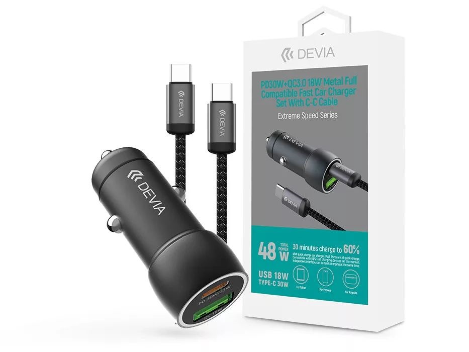 Devia ST112773 Extreme Speed Series 30W PD+QC USB+USB-C fekete autós töltő adapter + USB-C kábel