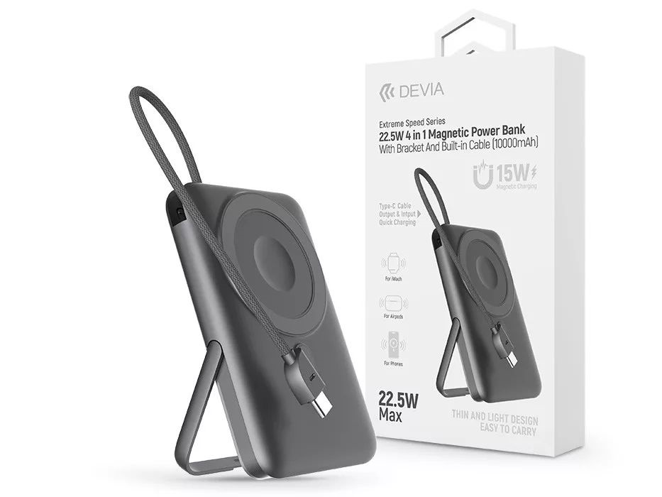 Devia ST112834 Extreme Speed Series Magnetic 4in1 22.5W Type-C 10.000 mAh szürke powerbank/állvány