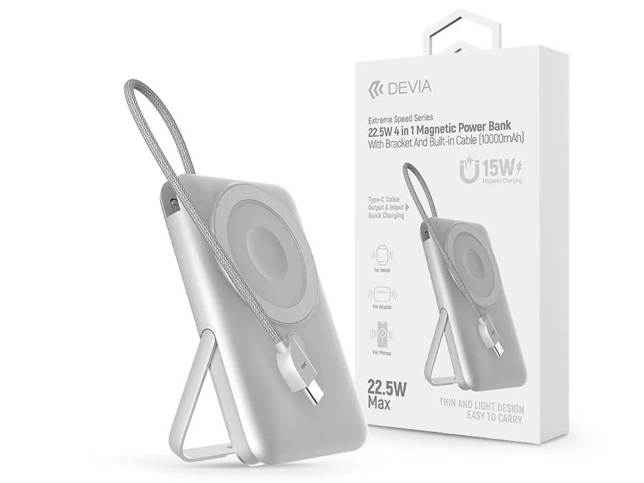 Devia ST112841 Extreme Speed Series Magnetic 4in1 22.5W Type-C 10.000 mAh ezüst powerbank/állvány