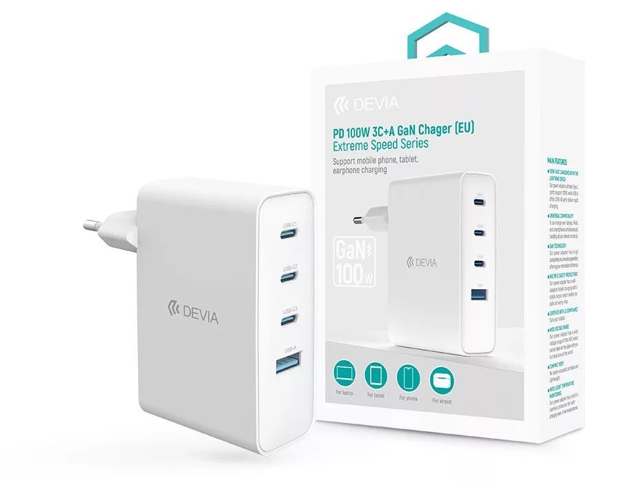 Devia ST121430 Extreme Speed Series 100W GaN PD USB+3xType-C fehér hálózati gyorstöltő adapter