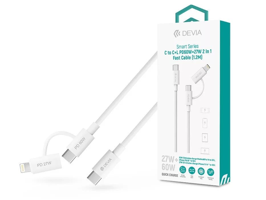 Devia ST121485 Smart Series 1,2m 60W+27W PD Type-C/Type-C+Lightning fehér adat és töltőkábel