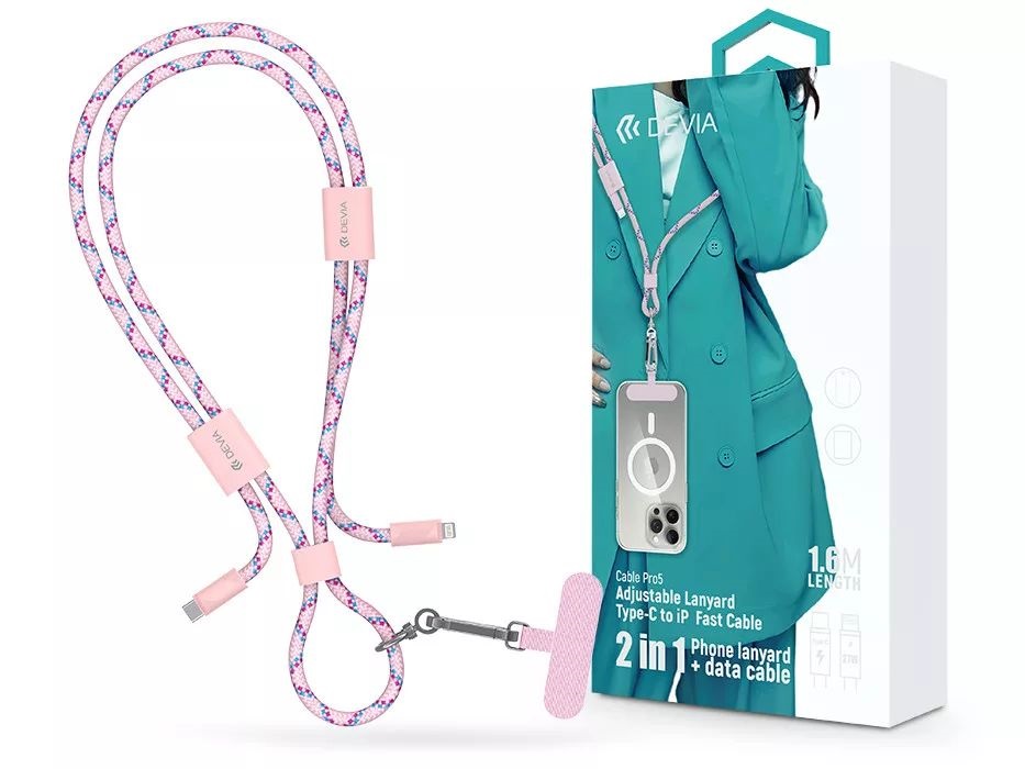 Devia ST124998 Cable Pro5 Woven 1,6m 27W PD Type-C - Lightning pink adat- és töltőkábel + nyakpánt