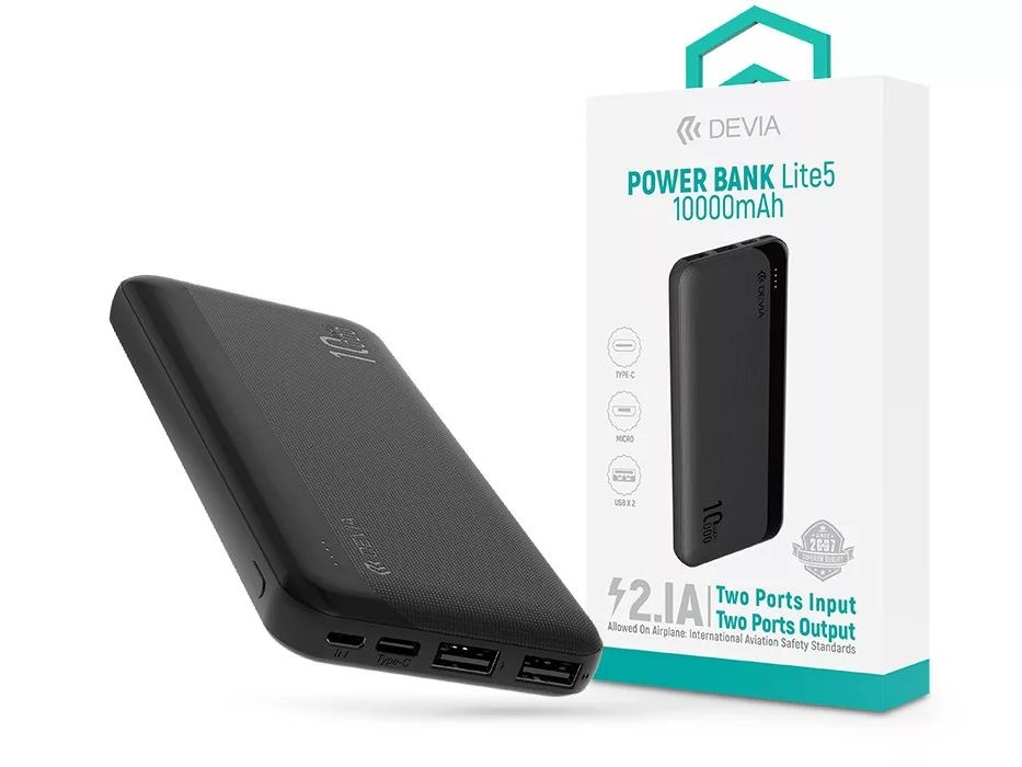 Devia ST125636 Kintone Series Lite 5 2xUSB/Type-C/microUSB 10.000 mAh fekete power bank