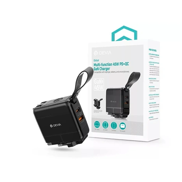 Devia ST130814 Global 45W PD+QC fekete hálózati gyorstöltő utazó adapter (CN/JP/US/EU/UK/AU)
