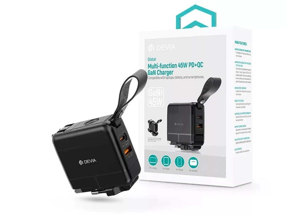 Devia ST130814 Global 45W PD+QC fekete hálózati gyorstöltő utazó adapter (CN/JP/US/EU/UK/AU)