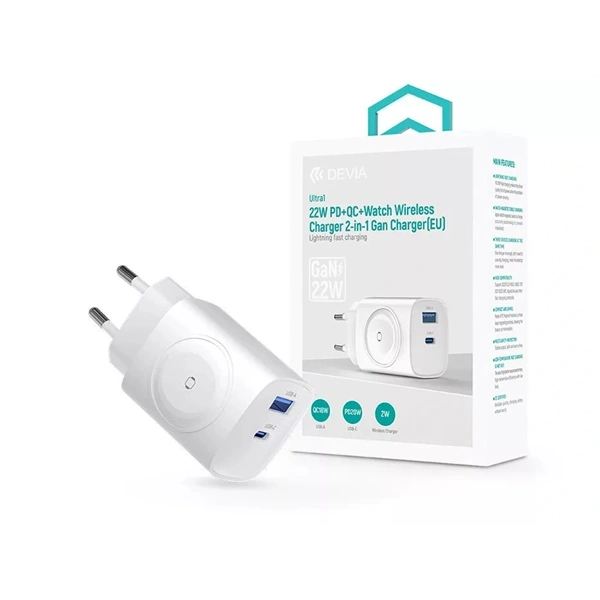 Devia ST131026 Ultra1 22W PD+QC+ Apple Watch 2in1 fehér hálózati gyorstöltő adapter