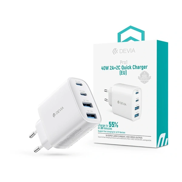 Devia ST137325 Pro1 40W GaN QC 2xUSB + 2xType-C fehér hálózati gyorstöltő adapter