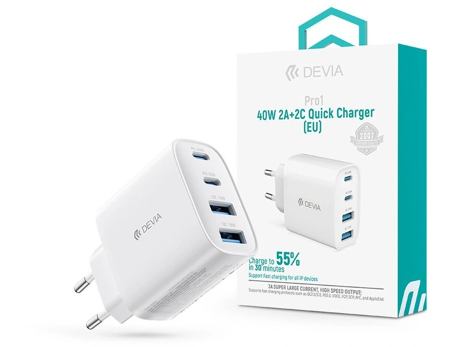 Devia ST137325 Pro1 40W GaN QC 2xUSB + 2xType-C fehér hálózati gyorstöltő adapter